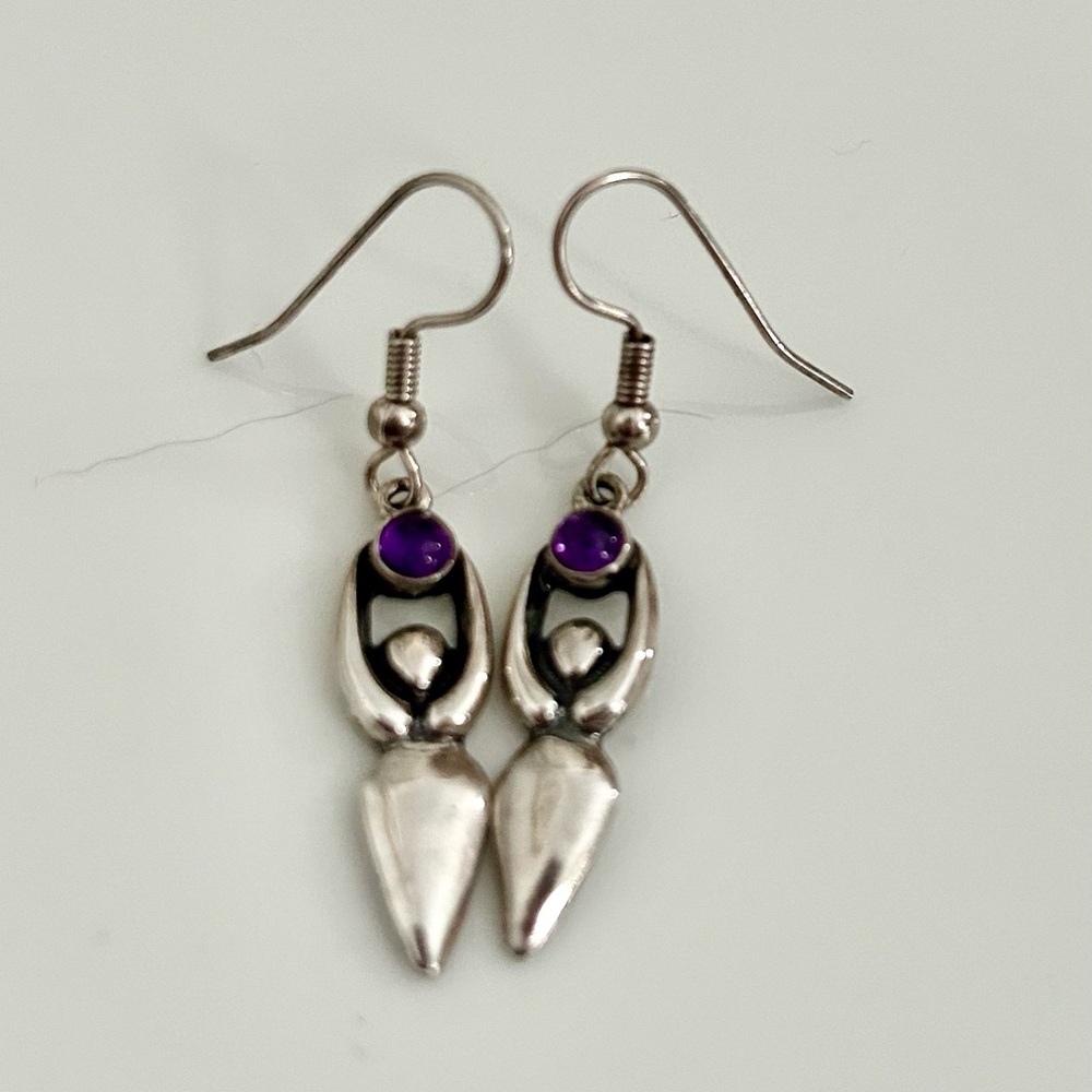 Silver Feminine Figure Drop Earrings with Purple Accent